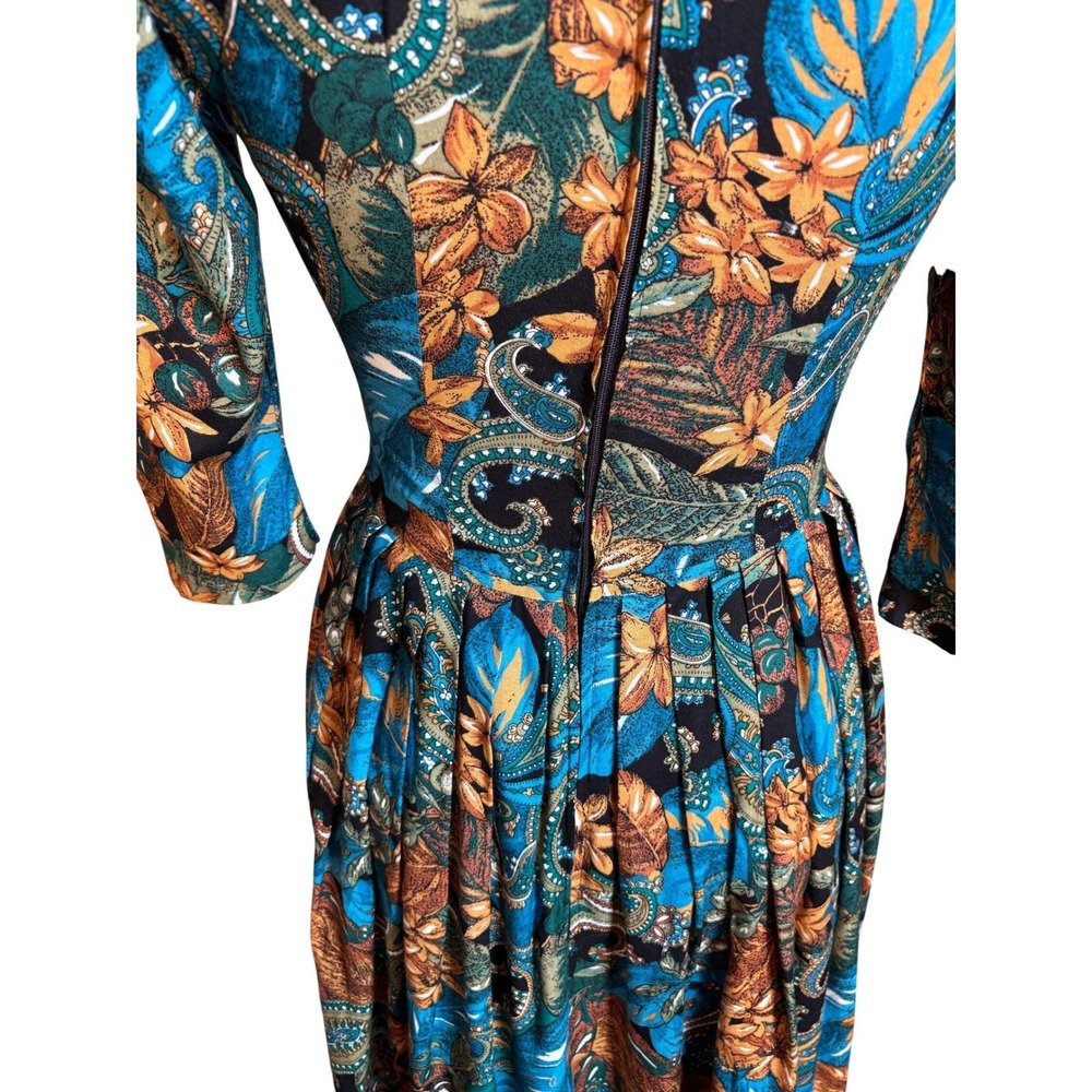 Benson & Smith Paisley Midi Dress Womens 6 Blue Dropped Waist Pleated Vintage - Picture 5 of 8